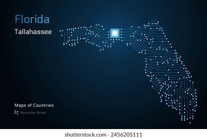Florida Map with a capital of Tallahassee Shown in a Microchip Pattern. Silicon valley, E-government. United States vector maps. Microchip Series	
