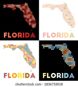 Florida map. Collection of maps of Florida in dotted style. Borders of the US state filled with rectangles for your design. Vector illustration.