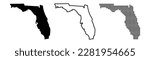 Florida map contour. Florida state map. Glyph and outline Florida map. US state map. Sarasota county. Tampa and Miami silhouette.
