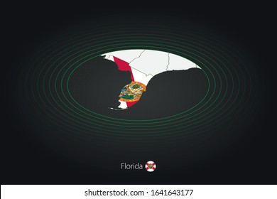 Florida map in dark color, oval map with neighboring US states. Vector map and flag of US state Florida 