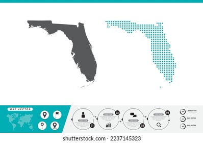 Florida map of dots gray and green for presentation. Set couple pixel creative concept for infographic.