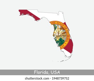 Florida Map Flag. Map of FL, USA with the state flag isolated on white background. United States, America, American, United States of America, US State. Vector illustration.