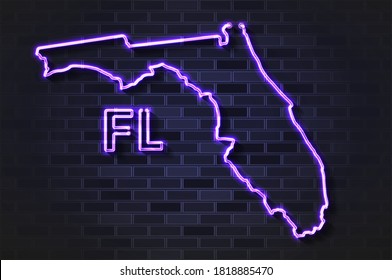 Mapa de Florida de luz de neón brillante o tubo de vidrio. Ilustración vectorial realista. Muro de ladrillo negro, sombra suave.