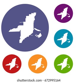 Florida map icons set in flat circle reb, blue and green color for web
