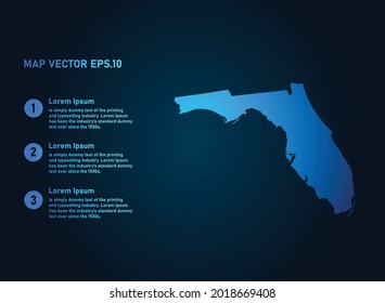 FLORIDA map, infographic style , on dark background with Map World. Wire frame 3D mesh , map 3D,