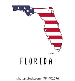 Florida map isolated on white background. Silhouette of Florida USA state. American flag. Vector illustration.