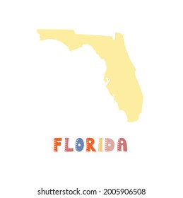 Florida map isolated. USA collection. Map of Florida - yellow silhouette. Doodling style lettering on white