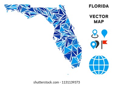 Florida map mosaic of blue triangle items in various sizes and shapes. Vector polygons are grouped into geographic Florida map illustration. Geometric abstract vector illustration in blue color tones.