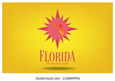 Florida map with nickname The Sunshine State, and Sun design concept, Vector EPS 10.