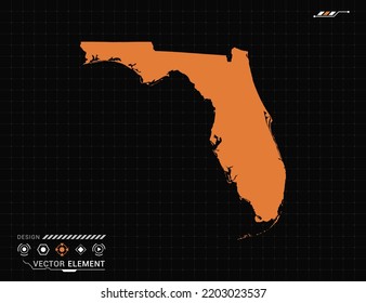Florida map of orange digital frame HUD, GUI, UI interface technology radar vector.