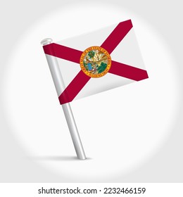 Florida map pin flag icon. Pennant map marker on a metal needle. 3D realistic vector illustration.