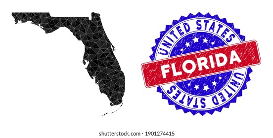 Florida map polygonal mesh with filled triangles, and rubber bicolor rubber seal. Triangle mosaic Florida map with mesh vector model, triangles have randomized sizes, and positions, and color tints.