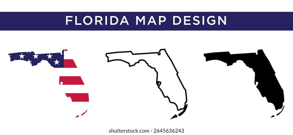 Florida Map Set with American Flag and State Name USA State Vector Collection