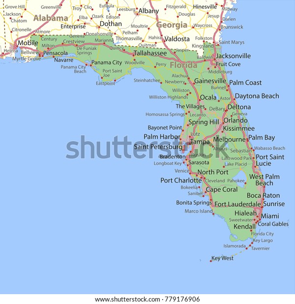 Florida Map Shows State Borders Urban Stock Vector Royalty Free