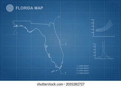 Florida map - State of USA Map International vector template with outline style and white color isolated on blueprint background - Vector illustration eps 10