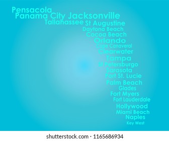 Florida Map with turquoise letters on light blue background.