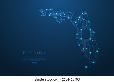 Florida Map - United States of America Map vector with Abstract futuristic circuit board. High-tech technology mash line and point scales on dark background - Vector illustration ep 10
