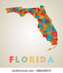 Florida map. US state poster with colored regions. Old grunge texture. Vector illustration of Florida with US state name.