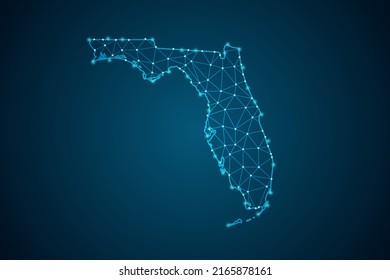 Florida Map - USA Map mash line and point scale en fondo de tecnología azul. Malla 3D del marco de cables línea de red poligonal, esfera de diseño, punto y estructura - Ilustración vectorial eps 10