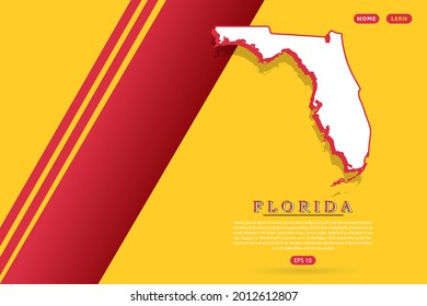 Mapa de Florida - EE.UU., Mapa de los Estados Unidos de América, Mapa mundial del vector con estilo isométrico que incluye sombra, color blanco y rojo sobre fondo amarillo - Ilustración vectorial eps 10