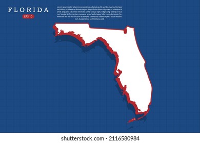 Florida Map - USA, United States Of America Map Vector Template With Isometric Style With White And Red Color Including Shadow On Blue Grid Background - Vector Illustration Eps 10