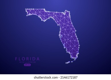 Florida Map - USA, United States of America map vector template with purple mash line, point scales, and polygon style isolated on purple technology background - Vector illustration eps 10