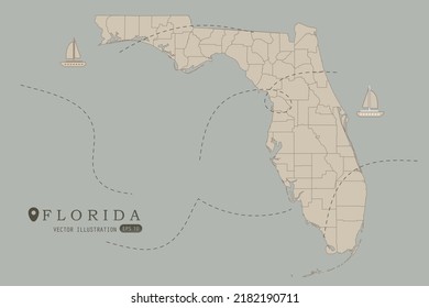 Florida Map - USA, United States Map vector template High detailed with brown color isolated on grey background including simple point of location, wind, boat icon - Vector illustration eps 10