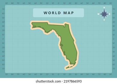 Florida Map - USA, United States Of America Map Vector Template High Detailed With Green And Cream Color Isolated On Blue Background Including Compass Rose Icon - Vector Illustration Eps 10