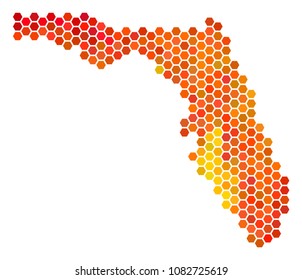 Florida map. Vector hexagon geographic plan using hot color variations. Abstract Florida map composition is composed with hot hexagon dots.
