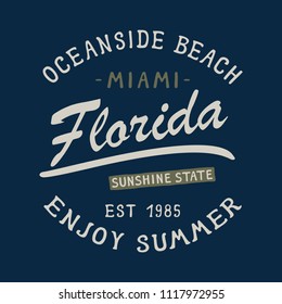FLORIDA MIAMI BEACH BADGE. Design fashion apparel on light background. T shirt graphic vintage vector illustration label logo template.