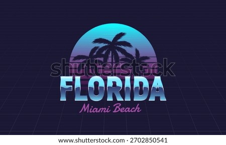 Florida Miami Beach logo. Retro 80s logo design with retro futuristic sun and palm trees silhouettes. Vector illustration