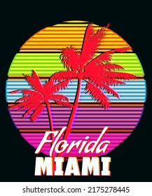 Florida Miami Beach sunset print t-shirt design. Poster glitch palm tree silhouettes
