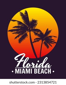 Florida Miami Beach sunset print t-shirt design. Poster palm tree silhouettes