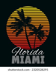 Florida Miami Beach sunset print t-shirt design. Poster palm tree silhouettes