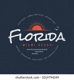 Florida Miami beach. T-shirt and apparel vector design, typography, print, logo, label, poster. Global swatches.