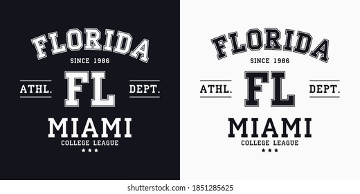 Florida, Miami design for t-shirt. College tee shirt print. Typography graphics for sportswear and apparel. Vector illustration.