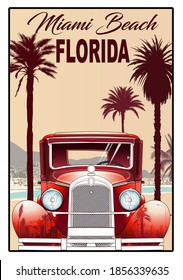 Florida, Miami poster with old car - vector illustration