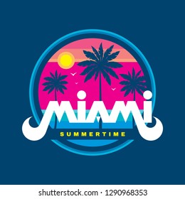 Florida Miami summertime - vector illustration concept in retro vintage graphic style for t-shirt, print, poster, brochure. Palms, sun, coast, beach. Badge logo design. Summer travel vacation. 