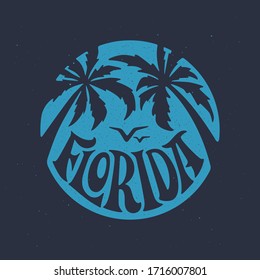 Florida Miami t-shirt design. Hand drawn apparel print with palms and handmade typography. Vector vintage illustration.