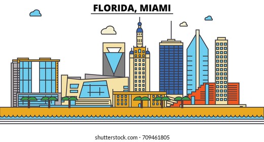 Florida, Miami.City: arquitectura, edificios, calles, silueta, paisaje, panorama, monumentos, íconos. trazos editables. Concepto de ilustración vectorial de línea plana de diseño.