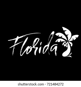 Florida. Modern dry brush lettering. Retro typography print. Vector handwritten inscription. Palm tree icon. USA state.