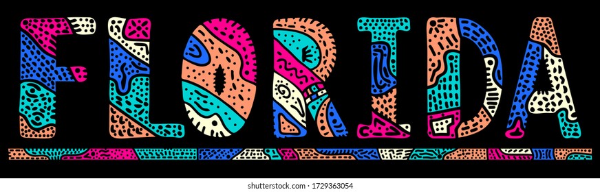 Florida. Multicolor doodle isolate contrast inscription. Patterned curves crooked letters. US state Florida for print, clothing, t-shirt, souvenir, banner, advertising. Stock vector picture.