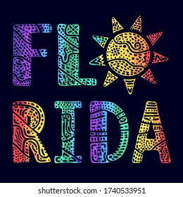 Florida. Multicolor doodle vertical isolate inscription, sun. Patterned curves crooked letters. Rainbow colors. US state Florida for print, clothing, t-shirt, souvenir, advertising. Stock vector image