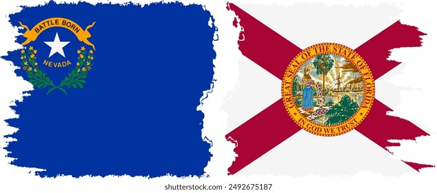 Florida and Nevada states grunge brush flags connection, vector