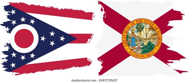 Florida and Ohio states grunge brush flags connection, vector