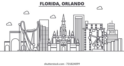 Florida Orlando architecture line skyline illustration. Linear vector cityscape with famous landmarks, city sights, design icons. Landscape wtih editable strokes