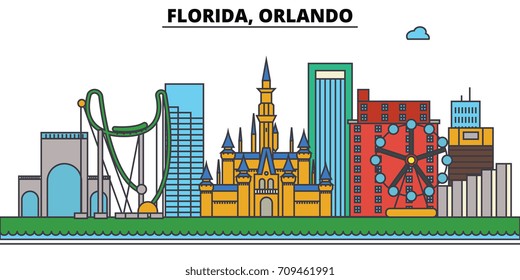 Florida, Orlando.City skyline: architecture, buildings, streets, silhouette, landscape, panorama, landmarks, icons. Editable strokes. Flat design line vector illustration concept.