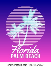 Florida Palm Beach sunset print t-shirt design. Poster palm tree silhouettes