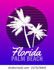 Florida Palm Beach sunset print t-shirt design. Poster palm tree silhouettes