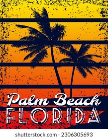 Florida Palm Beach sunset print t-shirt design. Poster grunge palm tree silhouettes